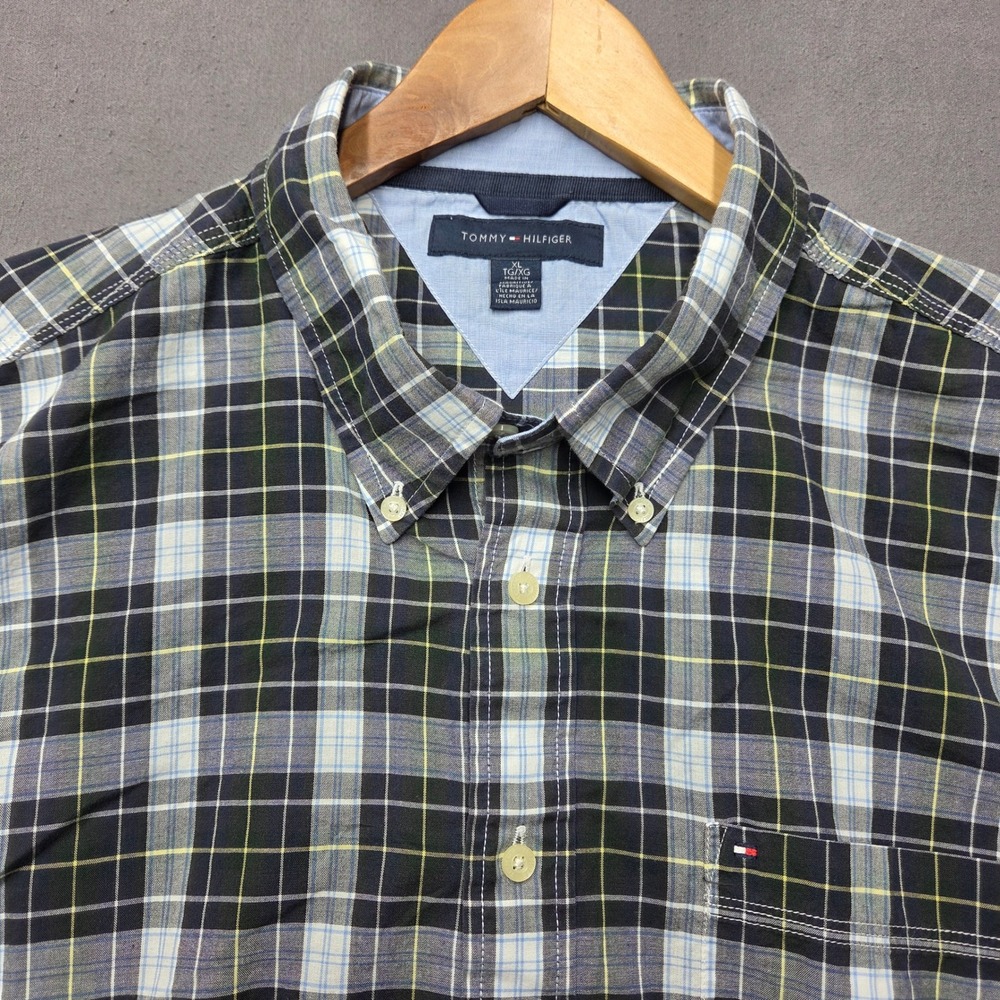 Tommy Hilfiger Mens XL Plaid Button Down Shirt Navy Blue Yellow Long Sleeve